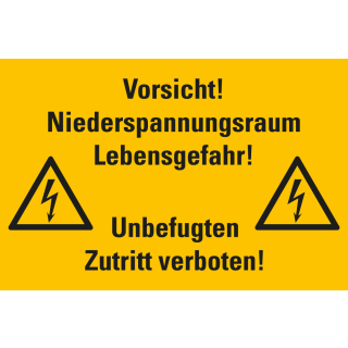Warnschild: Vorsicht! Niederspannungsraum Lebensgefahr! Unbefugten Zutritt verboten! zwei Blitzpfeile, Folie oder Kunststoff, 300 mm x 200 mm, nur als Einzelstück 