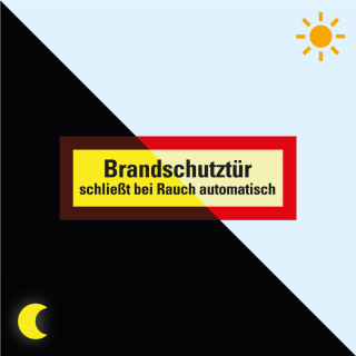 Permalight Power Feuerwehrschild: Brandschutztür schließt bei Rauch automatisch, doppelseitig, Folie selbstklebend lang nachleuchtend, 210 x 74 mm