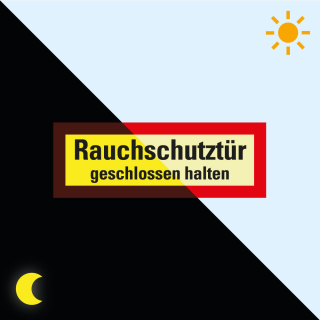 Permalight Power Feuerwehrschild: Rauchschutztür geschlossen halten, doppelseitig, Folie selbstklebend lang nachleuchtend, 210 x 74 mm