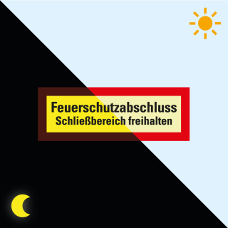 Permalight Power Feuerwehrschild: Feuerschutzabschluss Schließbereich freihalten, Folie selbstklebend lang nachleuchtend, 297 x 105 mm