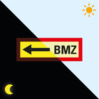Permalight Power Feuerwehrschild: BMZ links, Kunststoff lang nachleuchtend, 297 x 105 mm