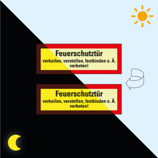 Permalight Power Feuerwehrschild: Feuerschutztür verkeilen, verstellen, festbinden o.Ä verboten, doppelseitig, Folie selbstklebend lang nachleuchtend, 210 x 74 mm