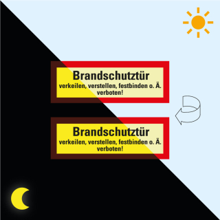 Permalight Power Feuerwehrschild: Brandschutztür verkeilen, verstellen, festbinden o.Ä verboten, doppelseitig, Folie selbstklebend lang nachleuchtend, 210 x 74 mm