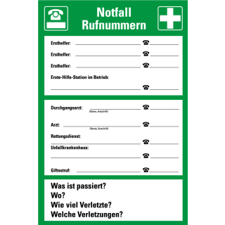 
Betriebsaushang: Notfall Rufnummern [...], grün, Kunststoff, zwei Größen, nur als Einzelstück
tschmitt
