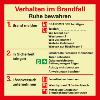 Permalight Power Notfallplan: Verhalten im Brandfall, Kunststoff oder Folie lang nachleuchtend, 200 x 200 mm