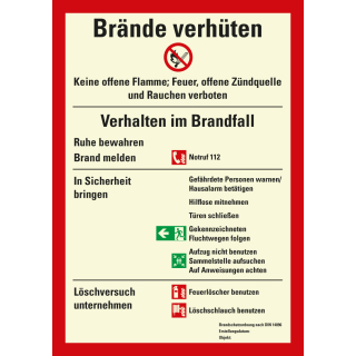 Betriebsaushang: Brandschutzordnung gemäß DIN 14096 Teil A, 6 Piktogramme, weiß-rot, Folie selbstklebend oder Kunststoff, 210 mm x 297 mm, nur als Einzelstück