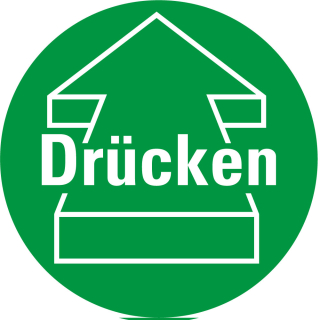 Türhinweisschild: Drücken mit Pfeil, grün-weiß, Folie selbstklebend, Ø 100 mm, 1 Stück