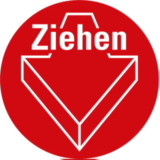 Türhinweisschild: Ziehen mit Pfeil, rot-weiß, Folie selbstklebend, Ø 100 mm, 1 Stück