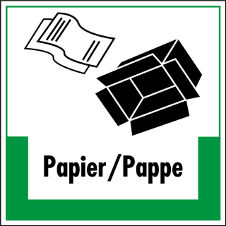 Abfallkennzeichen: Papier/Pappe, Symbol mit Text, Folie selbstklebend oder Kunststoff, verschiedene Größen, nur als Einzelstück