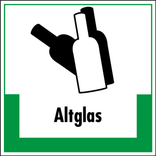 Abfallkennzeichen: Altglas, Symbol mit Text, Folie selbstklebend oder Kunststoff, 200 x 200 mm, nur als Einzelstück