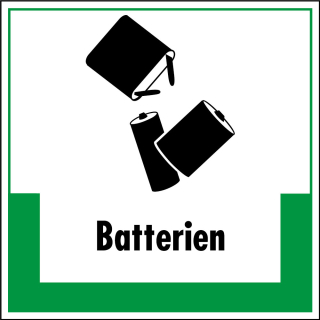 Abfallkennzeichen: Batterien, Symbol mit Text, Folie selbstklebend oder Kunststoff, 200 x 200 mm, nur als Einzelstück