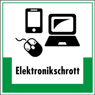 Abfallkennzeichen: Elektronikschrott, Symbol mit Text, Folie selbstklebend oder Kunststoff, 200 x 200 mm, nur als Einzelstück