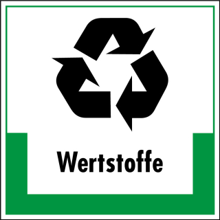 Abfallkennzeichen: Wertstoffe, Symbol mit Text, Folie selbstklebend oder Kunststoff, 200 x 200 mm, nur als Einzelstück