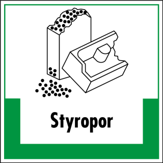 Abfallkennzeichen: Styropor, Symbol mit Text, Folie selbstklebend oder Kunststoff, 200 x 200 mm, nur als Einzelstück