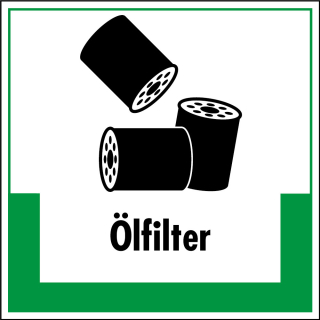 Abfallkennzeichen: Ölfilter, Symbol mit Text, Folie selbstklebend, 200 x 200 mm, 1 Stück