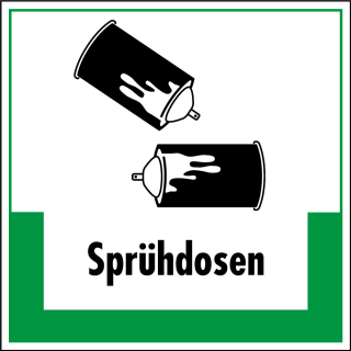 Abfallkennzeichen: Sprühdosen, Symbol mit Text, Folie selbstklebend oder Kunststoff, 200 x 200 mm, nur als Einzelstück