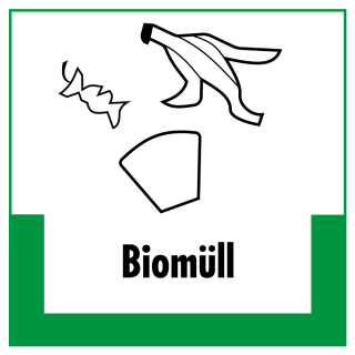 Abfallkennzeichen: Biomüll, Symbol mit Text, Folie selbstklebend oder Kunststoff, 200 x 200 mm, nur als Einzelstück
