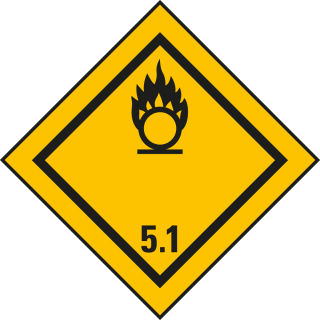 Verpackungskennzeichen oder Gefahrgutzettel: Klasse 5.1 - Entzündend (oxidierend) wirkende Stoffe, gelb-schwarz, ADR, RID, IMDG-Code, GGVSEB, seewasserbeständige Folie oder Haftpapier permanent, versch. Größen & Lieferformen