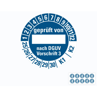 Hauptbild von Prüfplakette geprüft von... nach DGUV Vorschrift 3 K1 K2, Beschriftungsfeld, 25 - 30, blau, Folie selbstklebend, Ø 30 mm, 10 St./Bogen