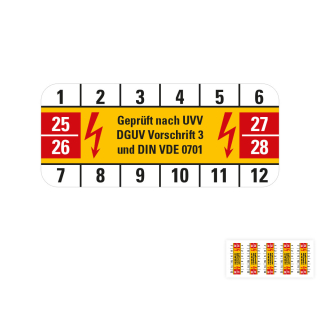 Produkt Hauptbild von Prüfplakette geprüft nach UVV DGUV Vorschrift 3 und DIN VDE 0701, 25 - 28, gelb, Folie selbstklebend, 42 x 18 mm