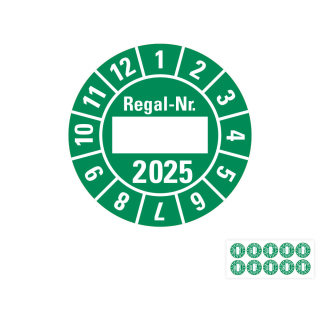Produkt Hauptbild von Jahresprüfplakette Regal-Nr., 2025, Beschriftungsfeld, grün, Folie selbstklebend, Ø 30 mm