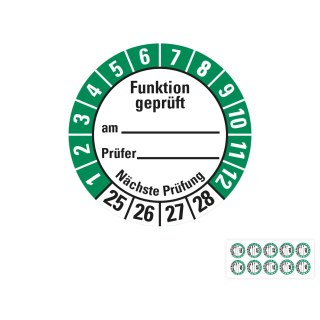 Produkt Hauptbild von Prüfplakette Funktion geprüft am... Prüfer... Nächste Prüfung, 25 - 28, weiß-grün, Folie selbstklebend, Ø 30 mm