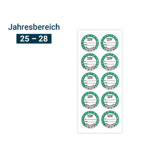 Produkt Hauptbild von Prüfplakette Funktion geprüft am... Prüfer... Nächste Prüfung, 25 - 28, weiß-grün, Folie selbstklebend, Ø 30 mm