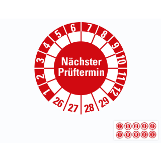 Hauptbild von Prüfplakette Nächster Prüftermin, 26 - 29, rot, Freifelder, Folie selbstklebend, Ø 30 mm, 10 St./Bogen