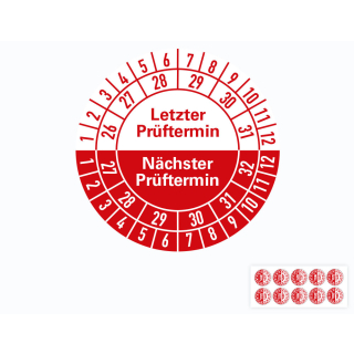 Hauptbild von Prüfplakette Letzter Prüftermin/Nächster Prüftermin, 26 - 31/27 - 32, weiß-rot, Folie selbstklebend, Ø 30 mm, 10 St./Bogen