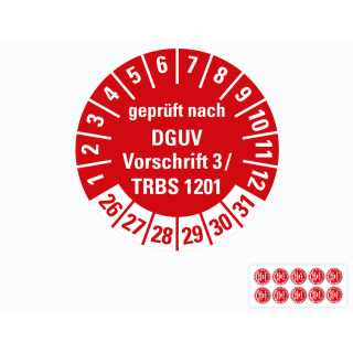 Hauptbild von Prüfplakette geprüft nach DGUV Vorschrift 3 / TRBS 1201, 26 - 31, rot, Folie selbstklebend, Ø 20 mm, 10 St./Bogen