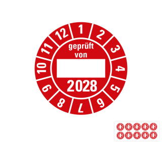 Produkt Hauptbild von Jahresprüfplakette geprüft von, 2028, Beschriftungsfeld, rot, Folie selbstklebend, Ø 30 mm