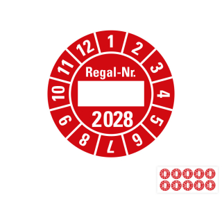 Produkt Hauptbild von Jahresprüfplakette Regal-Nr., 2028, Beschriftungsfeld, rot, Folie selbstklebend, Ø 30 mm