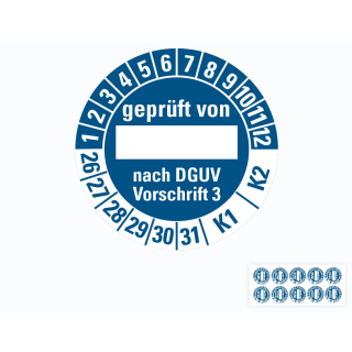 Prüfplakette geprüft von Freifeld nach DGUV Vorschrift 3, 26-31, blau