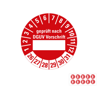 Produkt Hauptbild von Prüfplakette geprüft nach DGUV Vorschrift, Beschriftungsfeld, 26 - 31, rot, Folie selbstklebend, Ø 30 mm