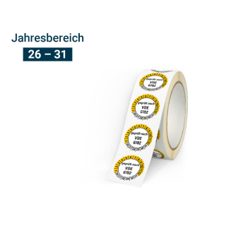 Hauptbild von Prüfplakette geprüft nach VDE 0702, 26 - 31, weiß-gelb, Folie selbstklebend, Ø 20 mm, 500 St./Rolle