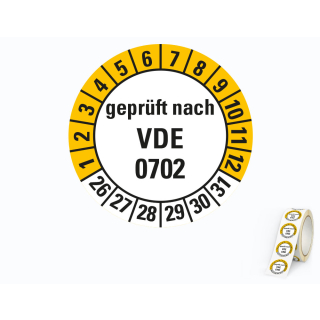 Hauptbild von Prüfplakette geprüft nach VDE 0702, 26 - 31, weiß-gelb, Folie selbstklebend, Ø 20 mm, 500 St./Rolle