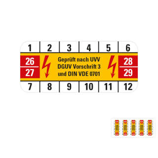 Produkt Hauptbild von Prüfplakette geprüft nach UVV DGUV Vorschrift 3 und DIN VDE 0701, 26 - 29, gelb, Folie selbstklebend, 42 x 18 mm
