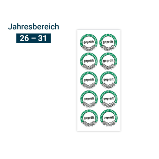 Produkt Hauptbild von Prüfplakette geprüft nächster Termin, 26 - 31, weiß-grün, Folie selbstklebend, Ø 30 mm