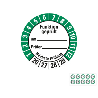 Produkt Hauptbild von Prüfplakette Funktion geprüft am... Prüfer... Nächste Prüfung, 26 - 29, weiß-grün, Folie selbstklebend, Ø 30 mm
