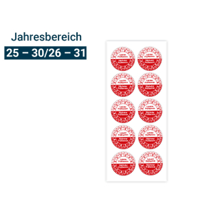 Hauptbild von Prüfplakette Letzter Prüftermin/Nächster Prüftermin, 25 - 30/26 - 31, weiß-rot, Folie selbstklebend, Ø 30 mm, 10 St./Bogen