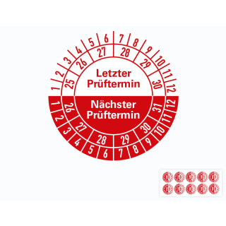 Hauptbild von Prüfplakette Letzter Prüftermin/Nächster Prüftermin, 25 - 30/26 - 31, weiß-rot, Folie selbstklebend, Ø 30 mm, 10 St./Bogen