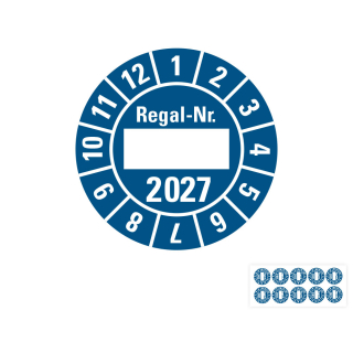 Produkt Hauptbild von Jahresprüfplakette Regal-Nr., 2027, Beschriftungsfeld, blau, Folie selbstklebend, Ø 30 mm