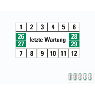 Hauptbild von Prüfplakette letzte Wartung, 26 - 29, weiß-grün, Folie selbstklebend, 33 x 18 mm, 16 St./Bogen