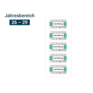 Hauptbild von Prüfplakette letzte Wartung, 26 - 29, weiß-grün, Folie selbstklebend, 33 x 18 mm, 16 St./Bogen
