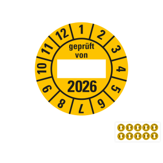 Produkt Hauptbild von Jahresprüfplakette geprüft von, 2026, Beschriftungsfeld, gelb, Folie selbstklebend, Ø 30 mm