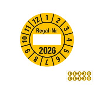 Produkt Hauptbild von Jahresprüfplakette Regal-Nr., 2026, Beschriftungsfeld, gelb, Folie selbstklebend, Ø 30 mm