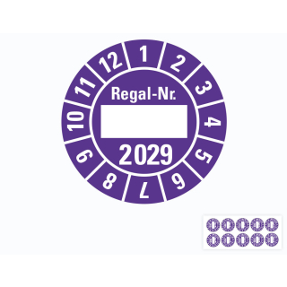 Hauptbild von Jahresprüfplakette Regal-Nr., 2029, Beschriftungsfeld, violett, Standardfolie, Ø 30 mm, 10 St./Bogen