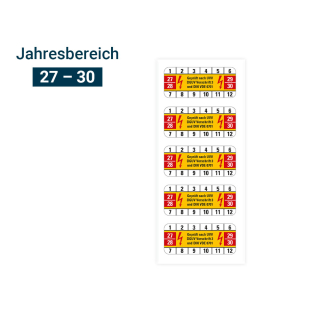 Hauptbild von Prüfplakette geprüft nach UVV DGUV Vorschrift 3 und DIN VDE 0701, 27 - 30, gelb, Standardfolie, 42 x 18 mm, 10 St./Bogen