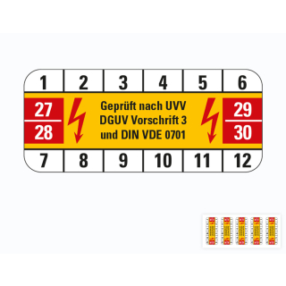 Hauptbild von Prüfplakette geprüft nach UVV DGUV Vorschrift 3 und DIN VDE 0701, 27 - 30, gelb, Standardfolie, 42 x 18 mm, 10 St./Bogen