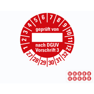 Hauptbild von Prüfplakette geprüft von... nach DGUV Vorschrift 3, Beschriftungsfeld, 27 - 32, rot, Standardfolie, Ø 30 mm, 10 St./Bogen